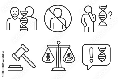 Cloning Tech Line Icons. Line style icons of cloning technology: ethical concerns, human clone ban, moral dilemma icon, legal