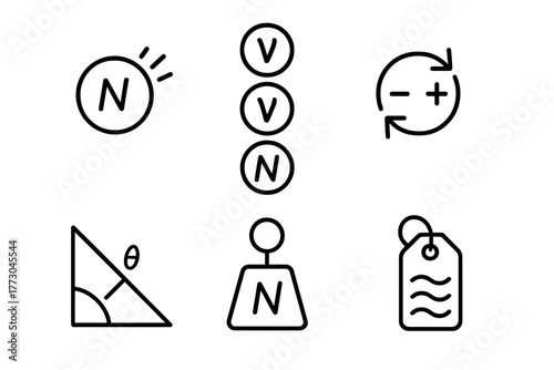 Dark Matter Symbols. Line style icons of dark matter: sterile neutrino icon, extended neutrino family, lepton mixing symbol, weak