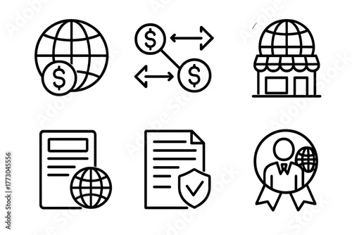 Hedge Fund Icons. Line style icons of hedge funds: global investment icon, cross-border capital, foreign market icon,