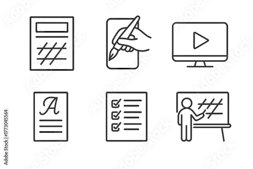 Calligraphy Icon Set. Line style icons of Calligraphy Teaching Materials: workbook page, brush grip card, online video screen,