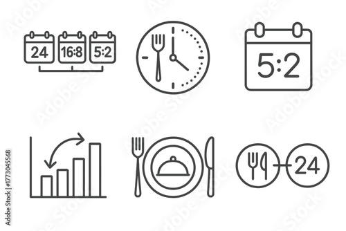 Intermittent Fasting Icons. Line style icons of intermittent fasting: types of fasting, 16:8 clock icon, 5:2 calendar tag,
