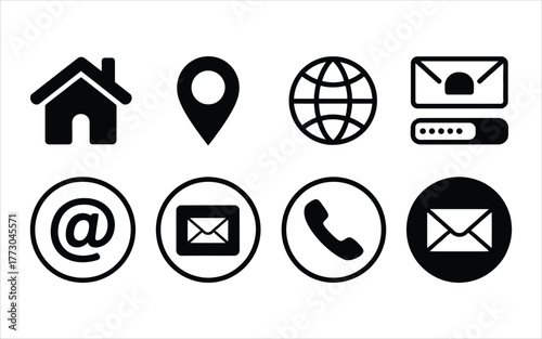 Set of Simple Black Contact Icons Representing Home Location Email World Communication and Password on a White Background Perfect for Websites and Applications