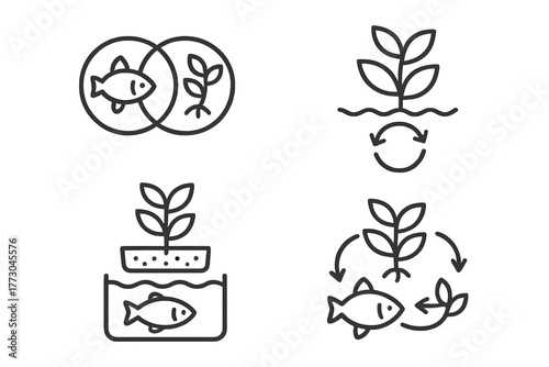 Hydroponic System Icons. Line style icons of hydroponics: aquaponics overlap, fish and plant icon, water loop diagram, fish tank