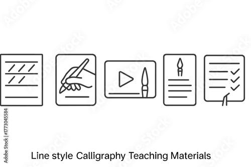 Calligraphy Icon Set. Line style icons of Calligraphy Teaching Materials: workbook page, brush grip card, online video screen,