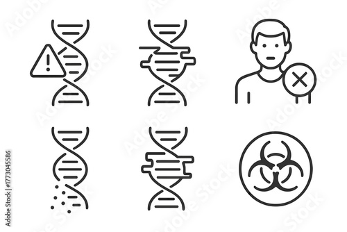 Cloning Technology Icons. Line style icons of cloning technology: genome replication error, mutation glitch, faulty clone icon,