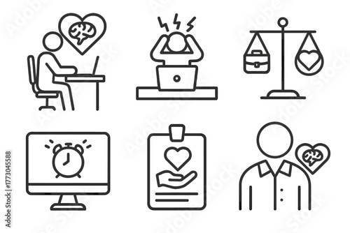 Mental Health Icons. Line style icons of mental health: mental health at work, office stress icon, work-life balance symbol, break