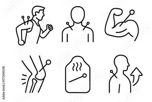 Acupuncture Icons. Line style icons of acupuncture: sports acupuncture, athlete with needles icon, muscle recovery therapy, joint