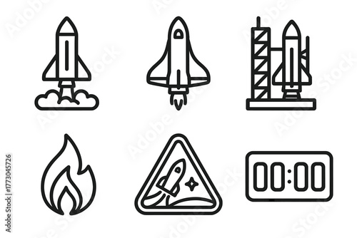 Space Icons Collection. Line style icons of space exploration: rocket launch, space shuttle icon, launch pad, ignition flame,