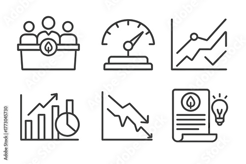 Hedge Fund Icons. Line style icons of hedge funds: hedge fund conference, asset under management meter, fund benchmark icon,