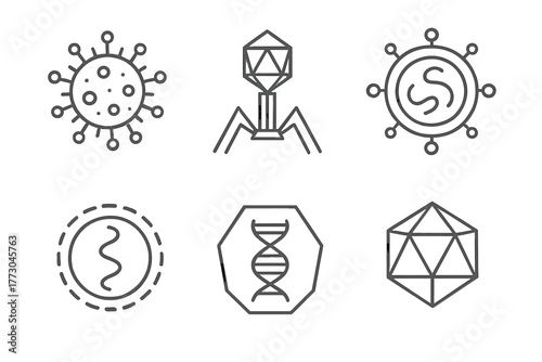 Microbiology Line Icons. Line style icons of microbiology: virus structure, bacteriophage icon, viral envelope, RNA virus, DNA