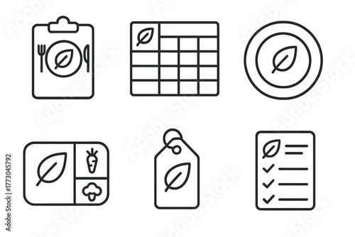 Vegan Diet Icons. Line style icons of vegan diet: vegan meal planning, weekly menu chart, portion size plate, meal prep container