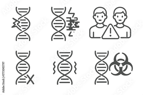 Cloning Technology Icons. Line style icons of cloning technology: genome replication error, mutation glitch, faulty clone icon,