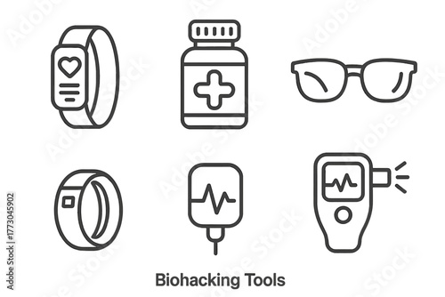 Biohacking Tools Icons. Line style icons of Biohacking Tools: wearable tracker, nootropic bottle, blue light glasses, smart ring,