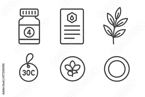 Homeopathic Icons Set. Line style icons of homeopathic medicine identification: number-coded label, ingredient card, plant