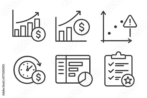 Private Equity Icons. Line style icons of private equity: cash flow projection, deal IRR chart, risk-return scatter, payback