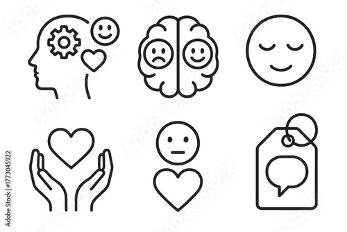 Mental Health Icons. Line style icons of mental health: emotional intelligence, brain with emotion icons, understanding face,