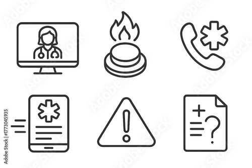 Telemedicine Line Icons. Line style icons of telemedicine: emergency tele-triage, red alert button, emergency consult call, fast