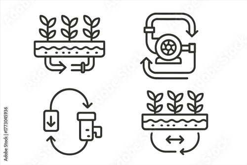 Hydroponic System Icons. Line style icons of hydroponics: water circulation system, pump icon with loop, flow arrow tag, closed