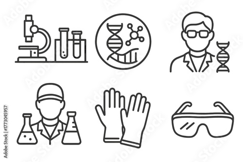 Genetic Engineering Icons. Line style icons of genetic engineering: biotechnology lab, molecular biology badge, geneticist profile