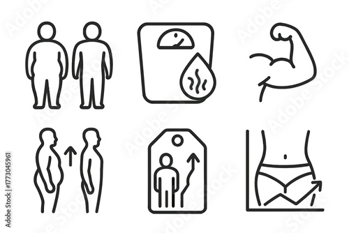 Intermittent Fasting Icons. Line style icons of intermittent fasting: body transformation, fat loss scale, lean muscle icon,