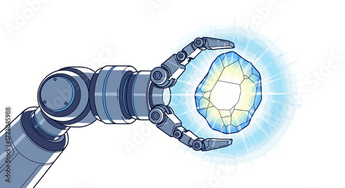 Robotic arm holding a glowing crystal.