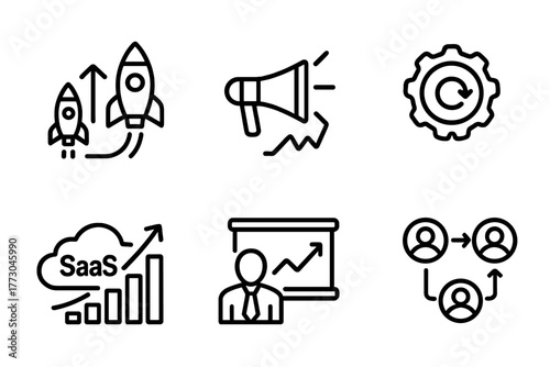 Private Equity Icons. Line style icons of private equity: startup to scale-up, market traction symbol, recurring revenue badge,