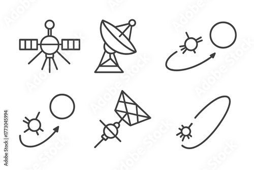 Space Exploration Icons. Line style icons of space exploration: space probe icon, deep space antenna, flyby mission, gravity