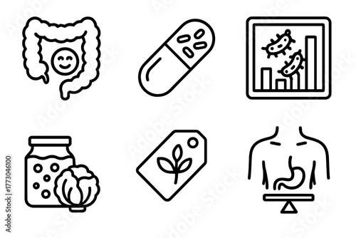 Nutrition Science Icons. Line style icons of nutrition science: gut health and probiotics, probiotic capsule icon, gut bacteria