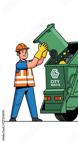 Sanitation worker emptying trash bin into garbage truck.