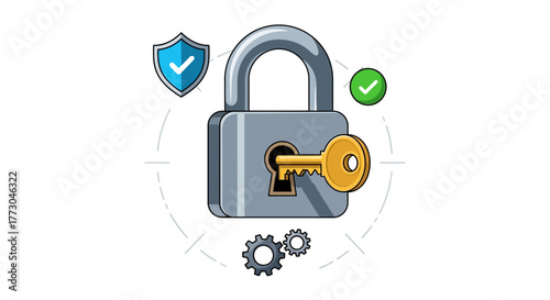 Secure Lock and Key with Shield and Checkmark Icons.