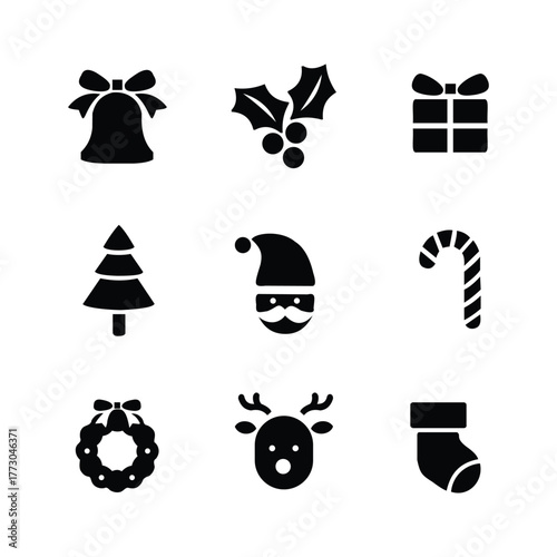 Collection of nine black christmas holiday icons including a bell holly gift tree santa candy cane wreath reindeer and stocking