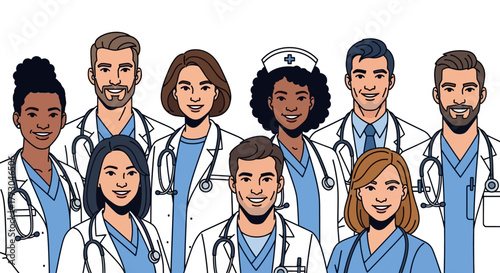 Group of diverse cartoon healthcare professionals smiling in scrubs and white coats