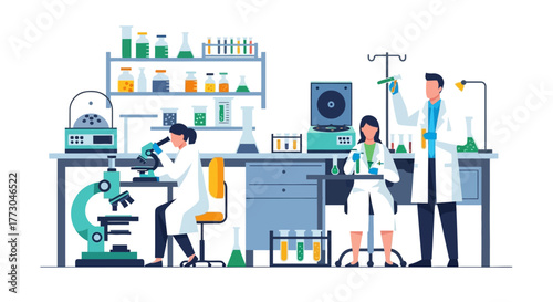 Laboratory scene three scientists conduct experiments amidst lab equipment glassware  shelving filled with chemicals