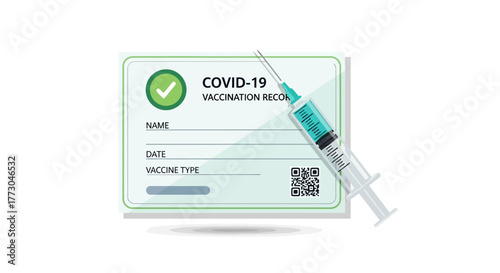 Image depicts a COVID19 vaccination record with a syringe on a white background