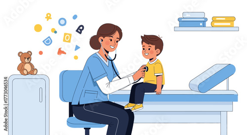 Nurse examines a young boy in a doctors office with toys  medical bed present