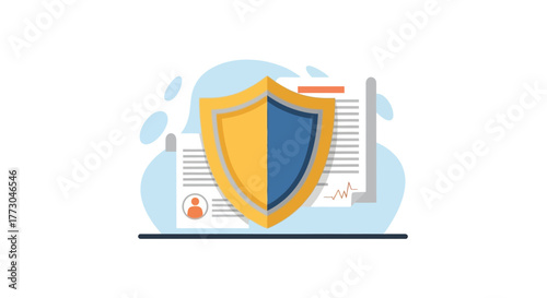 Shield splits golden and blue atop papers suggesting protection or security