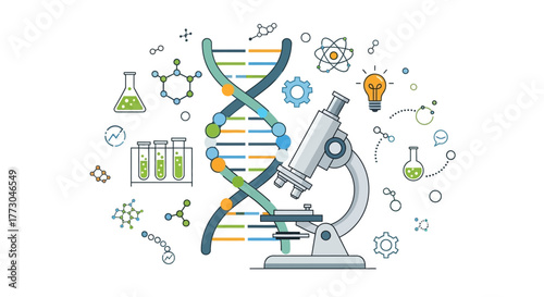 Science scene microscope DNA helix beakers atom model lightbulb gears  molecules against a white background