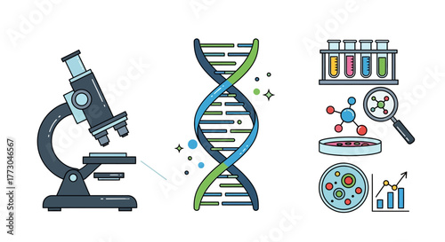 The image shows science icons a microscope DNA strand test tubes cells a molecule petri dish magnifying glass  graph
