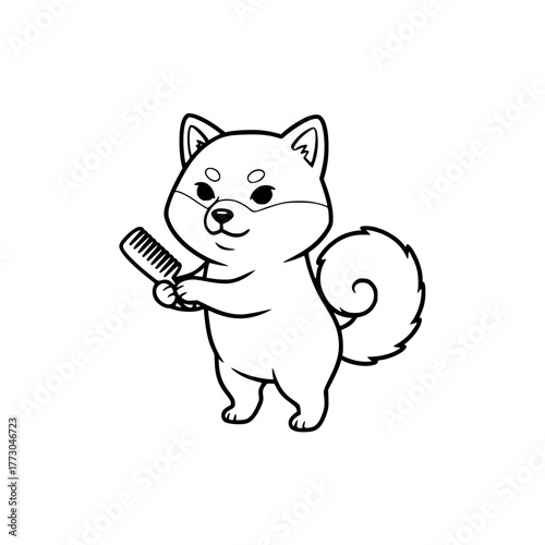 Cute vain Shiba Inu combing its fluffy tail, funny coloring book page for toddlers Generative AI