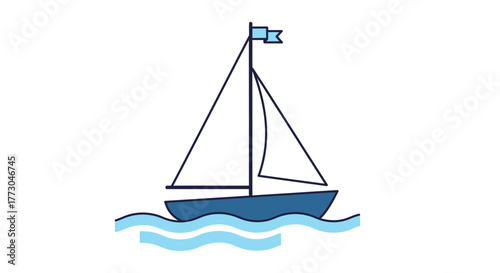 Simple illustration of a blue sailboat on wavy water.