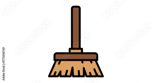Simple illustration of a broom with a wooden handle and bristles.