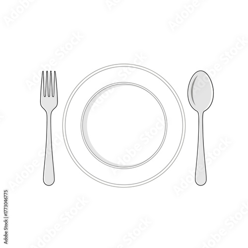 Simple illustration of a plate with fork and spoon.