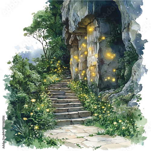 watercolor of Waitomo Glowworm Caves, vector, isolated on a white background.