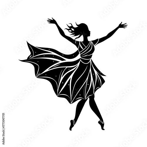 Elegant woman dancing gracefully with flowing dress silhouette isolated on white background