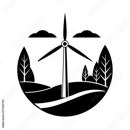 Wind turbine in a landscape with trees and clouds silhouette isolated on white background