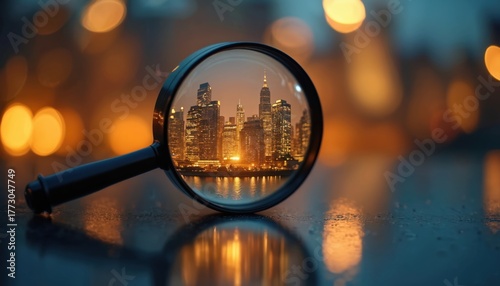 Magnifying glass on wet surface highlights city skyline at night. Illuminated buildings reflect in water, creating vibrant urban view. Blurred orange bokeh lights background. Represents careful