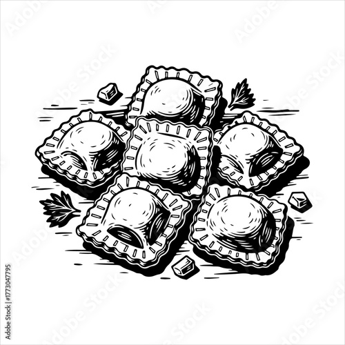 A black and white, hand-drawn style illustration of a pile of square ravioli pasta on a wooden surface.