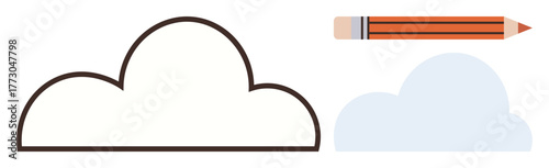 Cloud shape in line art next to soft-filled cloud and red pencil promoting creativity. Ideal for design, art, ideas, brainstorming, imagination, concepts, education. Simple flat metaphor