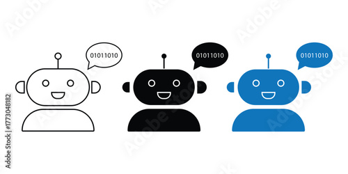 Cute Robot Icon with Binary Code Speech Bubble. Artificial Intelligence Vector Illustration on White Background