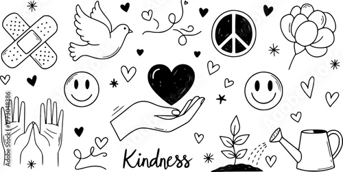 Kindness symbols and hand-drawn doodles with hearts and peace signs